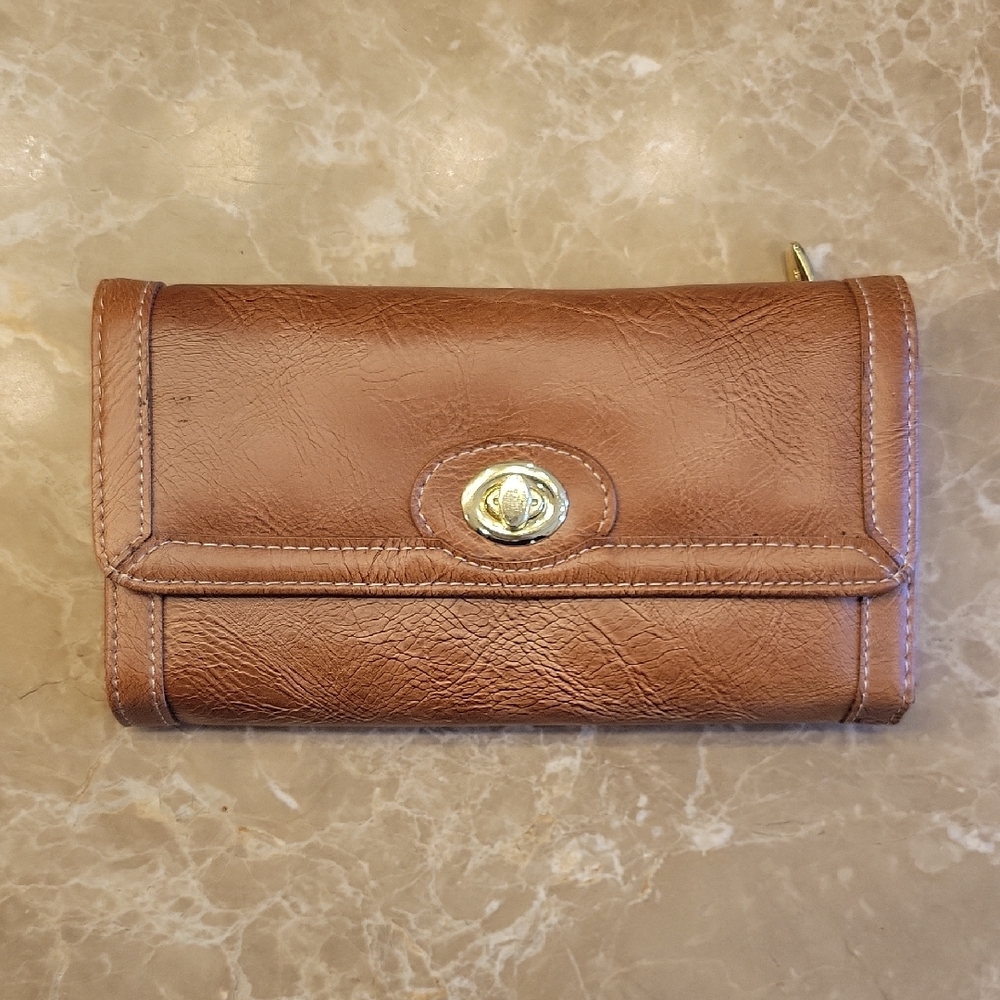 Nine West Light Brown Leather-ish Wallet with Turnlock Closure